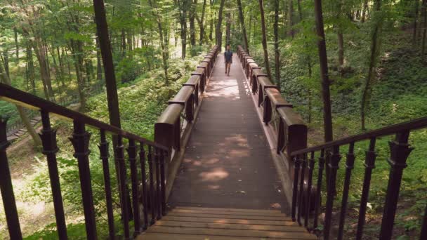 Een jonge man loopt op een brug in het Park en gaat naar boven. — Stockvideo