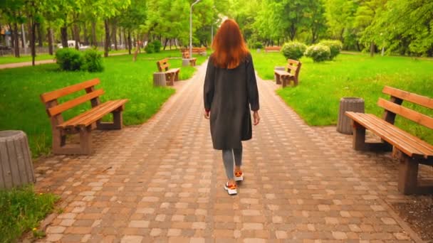 Vista trasera jengibre mujer de negocios caminando por el callejón — Vídeos de Stock