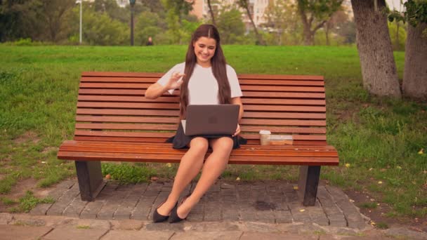 Φοιτητής συνομιλίας online χρήση υπολογιστή στο πάρκο — Αρχείο Βίντεο