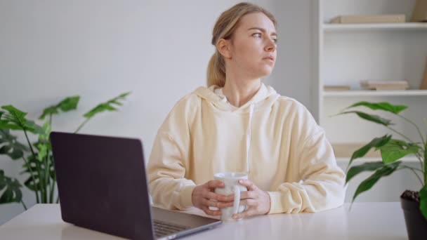 Werknemer genieten van een kopje thee op de werkplek — Stockvideo