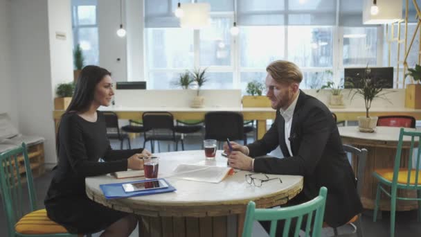 Business Partners at the meeting. Lady discusses strategy with a man. — Stock Video