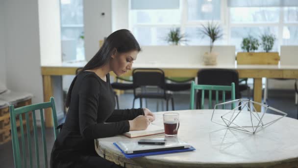 Mujer trabajando y esperando la reunión con el socio de negocios — Vídeos de Stock