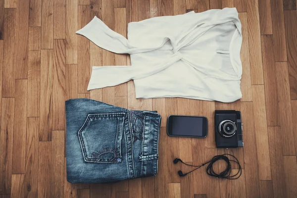 Clothes phone and camera — Stock Photo, Image