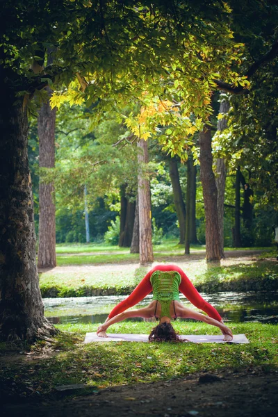 Giovane donna pratica yoga all'aperto — Foto Stock