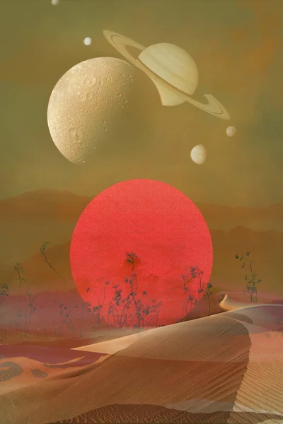 Surrealistyczny Krajobraz Fantasy Pustyni Księżyc Planety — Zdjęcie stockowe