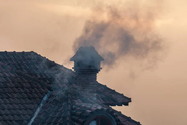 winter air polution health threat by wood burning stoves individual house chimney in Belgrade Serbia
