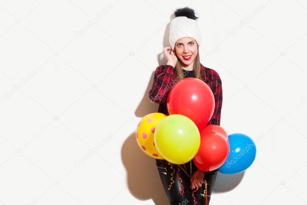 winter girl with balloons