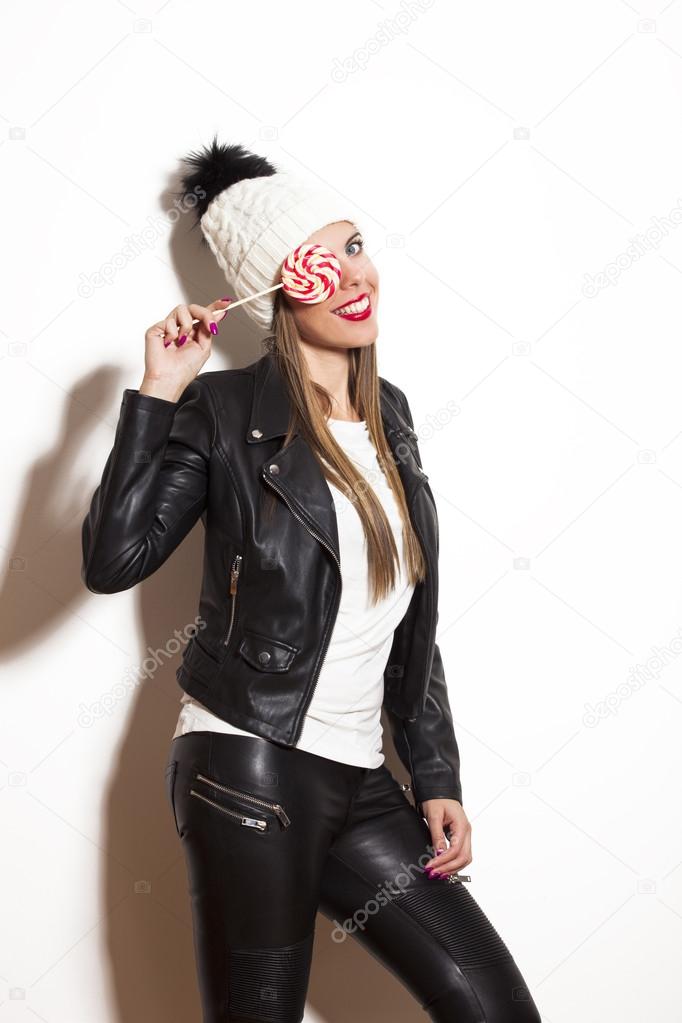 winter girl with lollipop