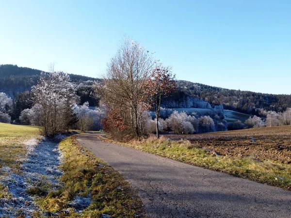 Luftaufnahmen Eines Feldes Winterlicher Landschaft Einem Sonnigen Kalten Tag — Stockfoto