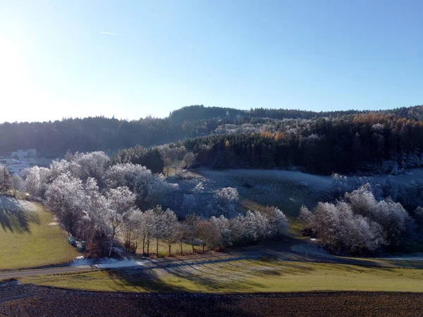 Foto Aeree Campo Nel Paesaggio Invernale Una Giornata Fredda Soleggiata — Foto Stock