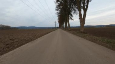 Bavyera 'da kışın ağaçlarla kaplı toprak bir yolda araba sürmek.