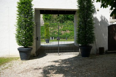 Dekoratif kapı kolu ve kilidi olan eski ve büyük bir kapı.                          