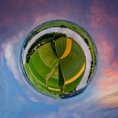 Baharda Bavyera 'da ekilen tahıllı bir tarım arazisinin havadan görünüşü