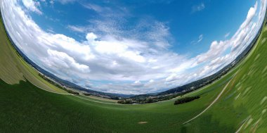 Küresel soyut panoramik hava manzarası harika bulutlar ve küçük bir gezegen gibi uzayın kıvrımlarıyla dolu bir alanda.