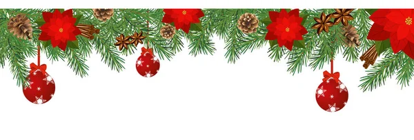 Christmas Garland Frame Fir Branches Poinsettia Christmas Tree Decorations — Stock Vector