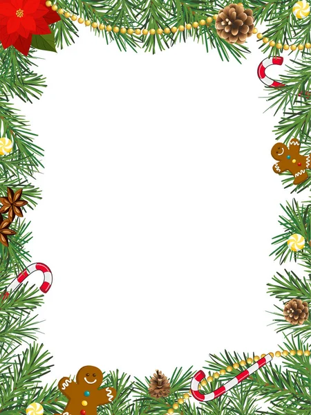 松の枝 ポインセチア クリスマスツリーの装飾とクリスマスのお菓子とクリスマスフレーム — ストックベクタ