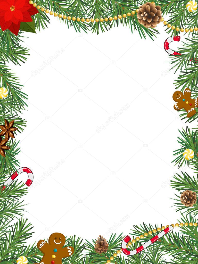 Christmas frame with pine branches, poinsettia, Christmas tree decor and Christmas sweets