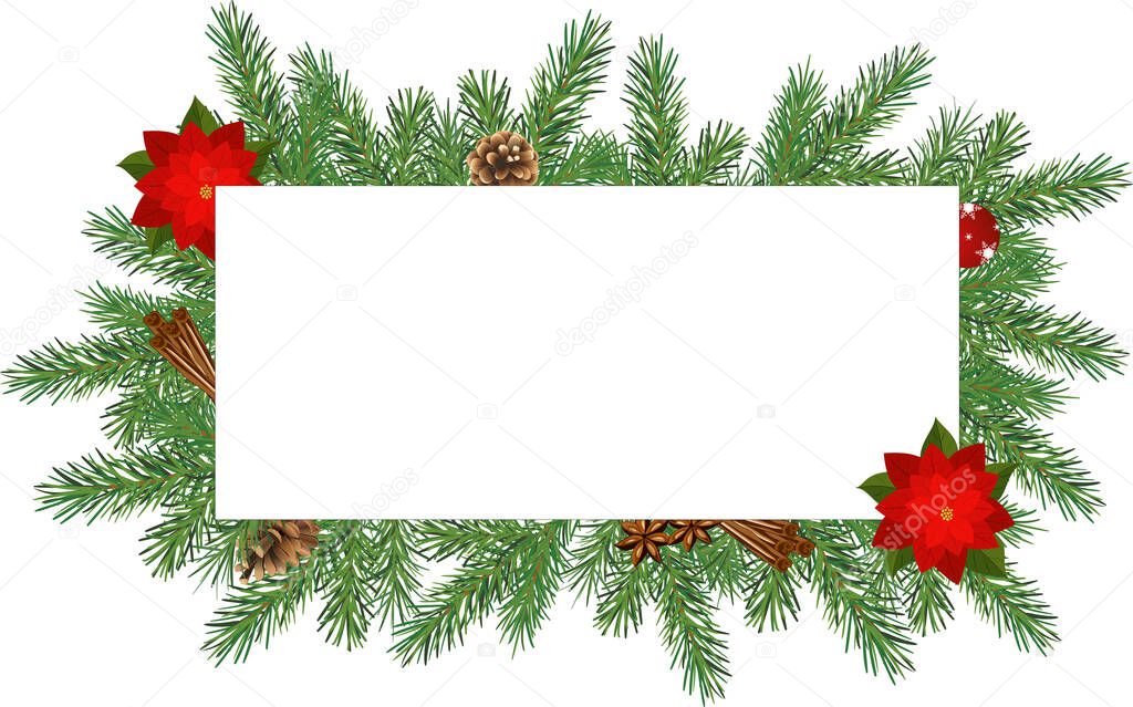 Christmas banner with fir branches, flowers, cones and decorations. Christmas frame