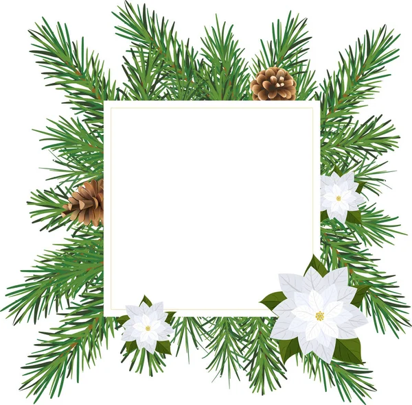 Quadratischer Weihnachtsrahmen Mit Tannenzweigen Zapfen Und Blumen Neujahrsbanner — Stockvektor