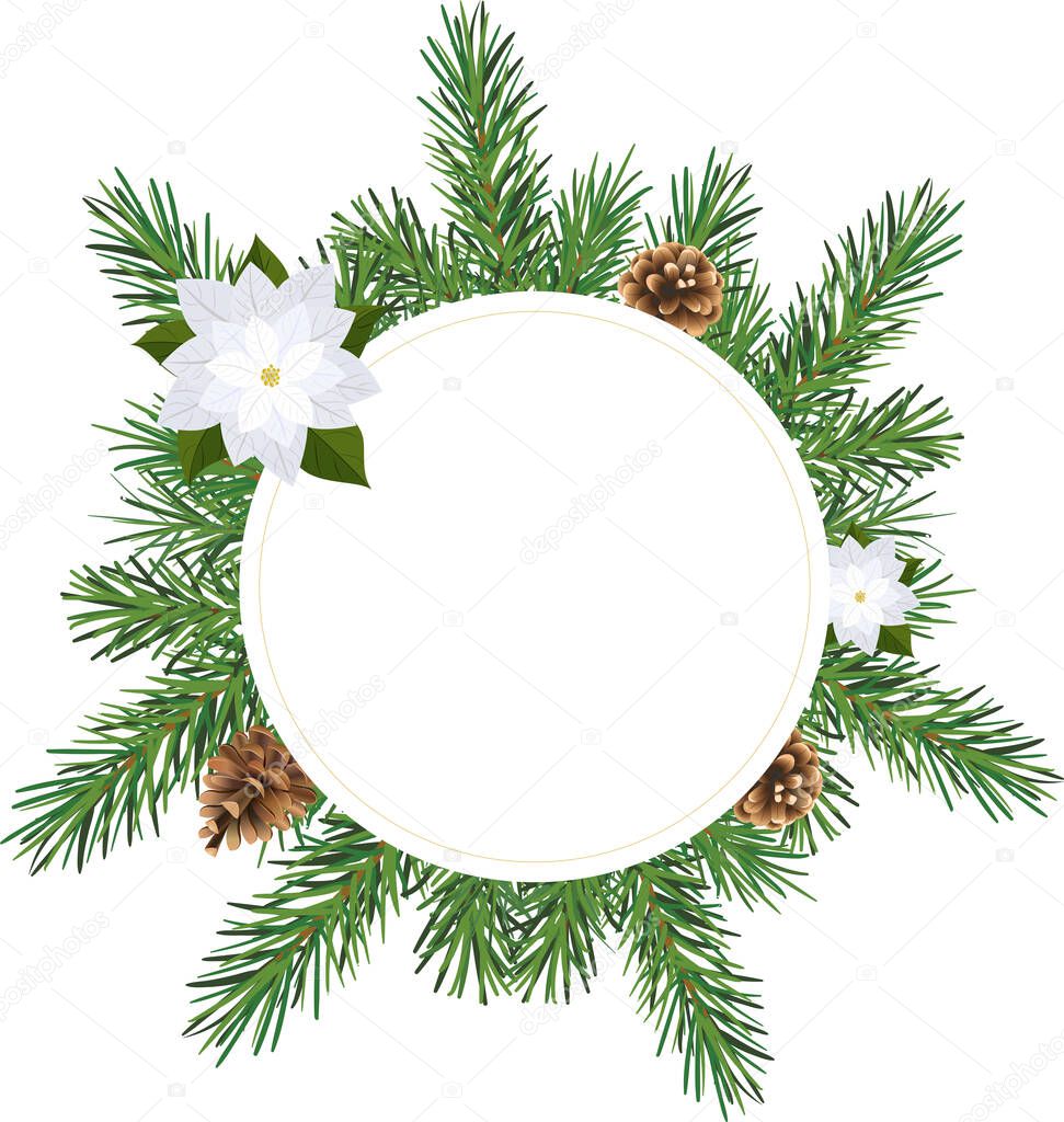 Round Christmas frame with fir branches, cones and flowers. New year's banner
