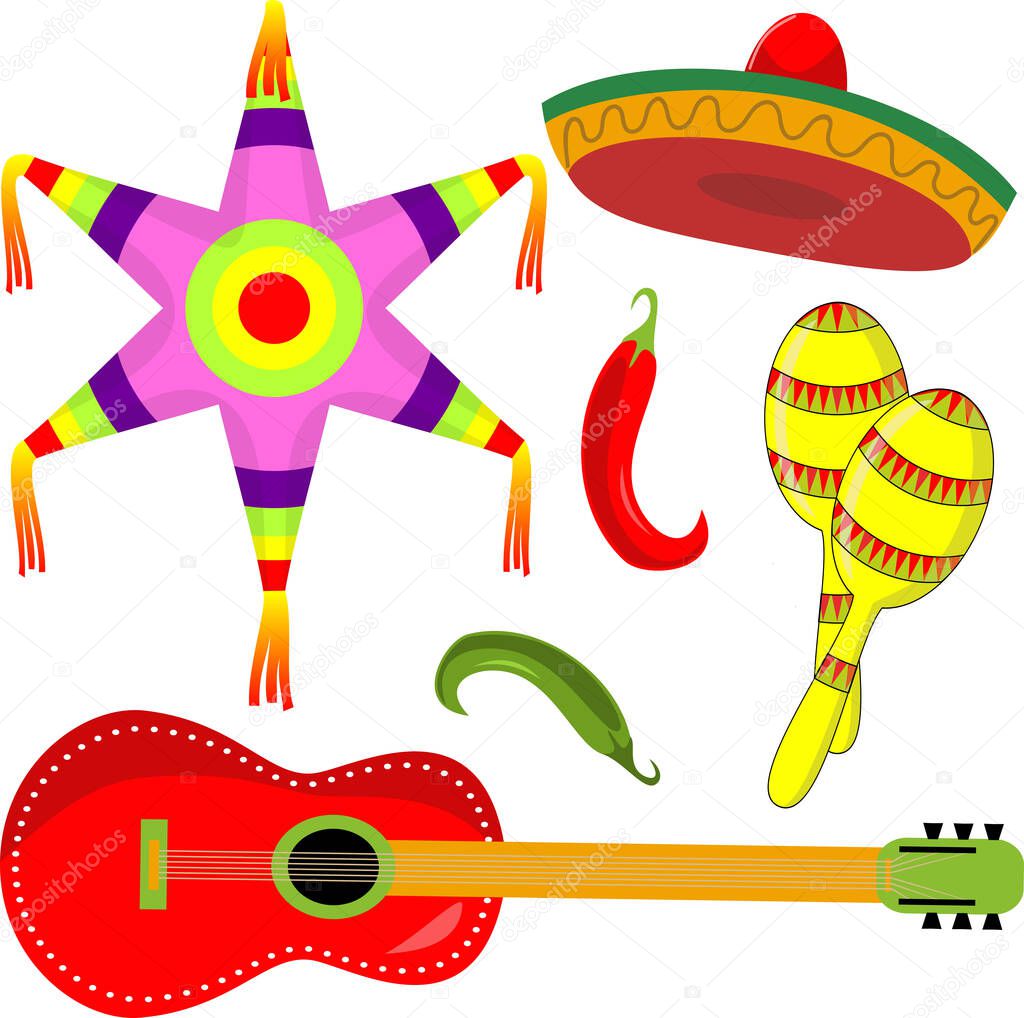 Mexican pinata, sombrero, guitar, maracas, peppers on a white isolated background