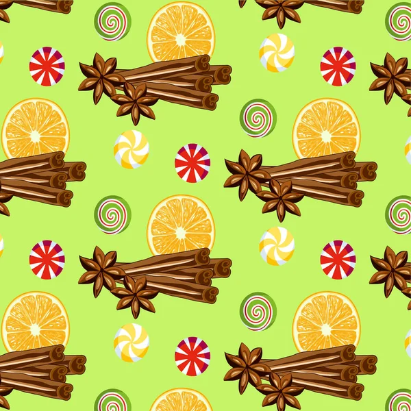 Boże Narodzenie Wzór Plasterkami Pomarańczy Paluszki Cynamonu Cukierki Jasnozielonym Tle — Zdjęcie stockowe