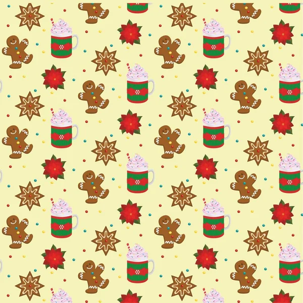 Christmas Pattern Christmas Mugs Cookies Poinsettias Light Yellow Background — Stock Photo, Image