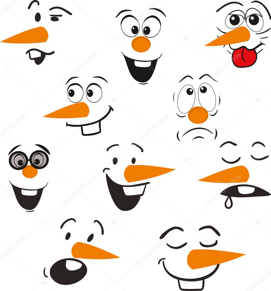 Cute face of a snowman. Emotions of a snowman. Funny emoticons in different expressions.