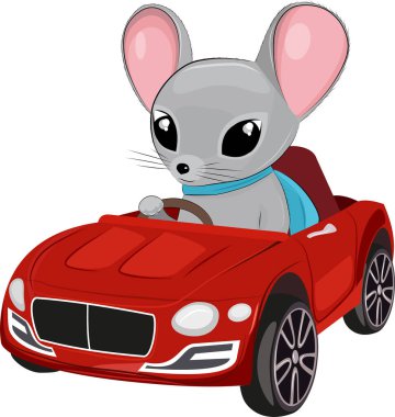 Kırmızı arabadaki sevimli fare çocuk. Vektör illüstrasyonu