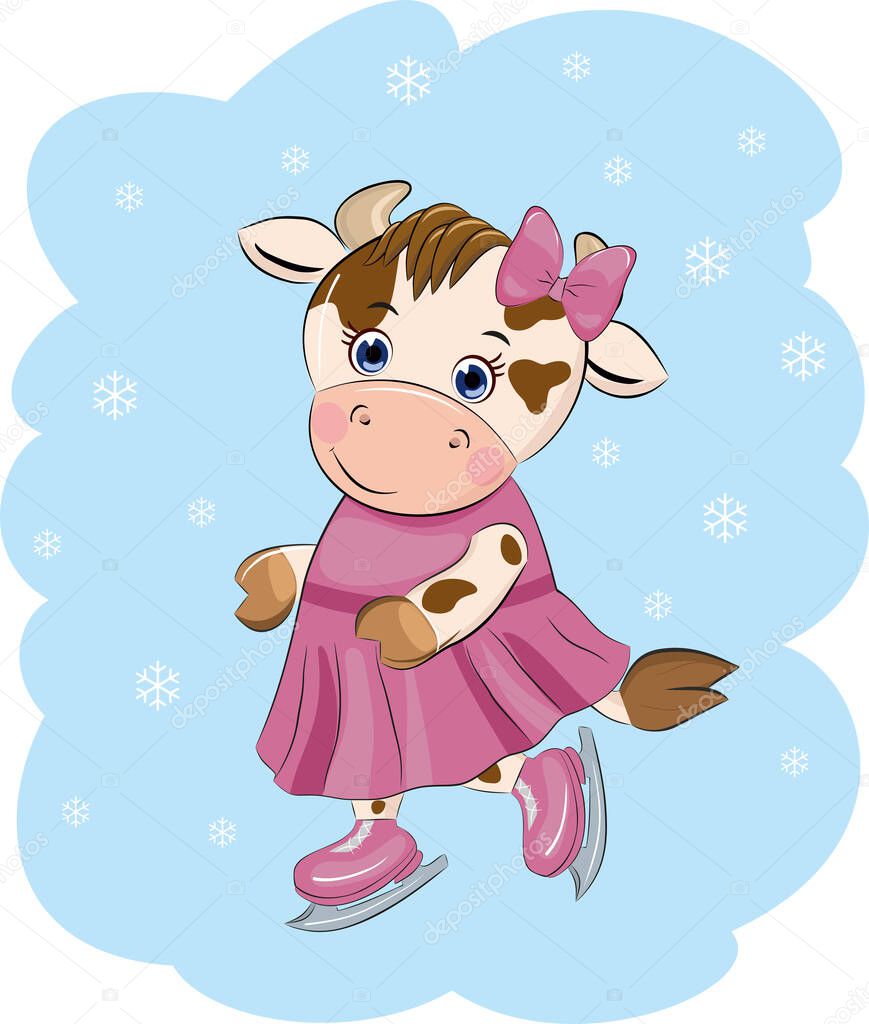 cute cartoon cow in pink dress on skates. Vector illustration