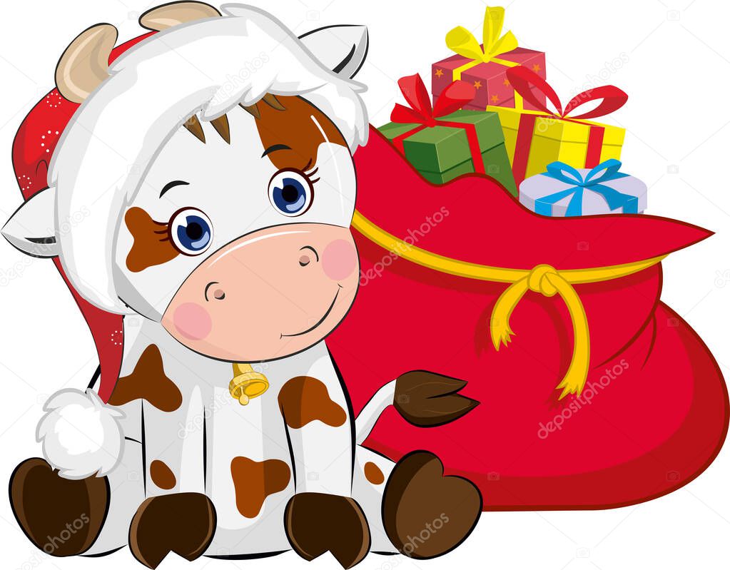 cute cow in a red hat with a bag of gifts. Vector illustration