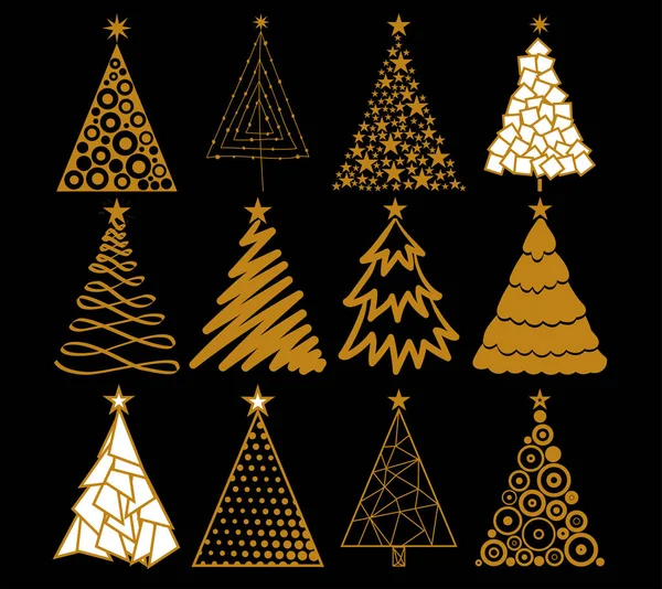 Árboles Navidad Pintados Oro Sobre Fondo Negro Ilustración Vectorial — Archivo Imágenes Vectoriales
