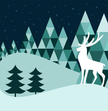 Gece dağlarının arkasında geyik resmi olan Noel tebrik kartı. Vektör illüstrasyonu