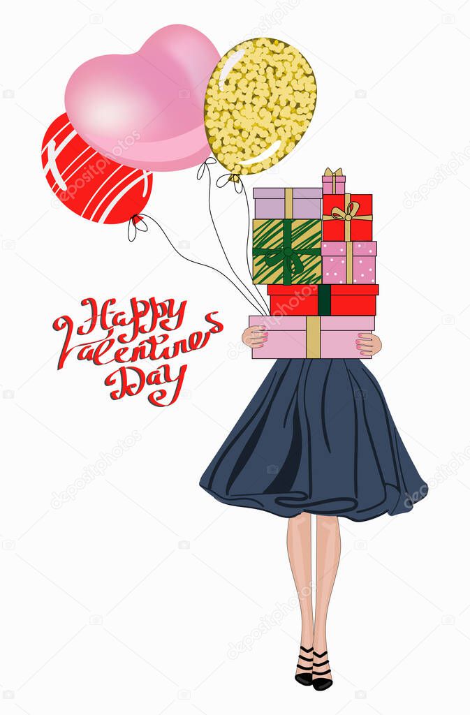 A girl with gifts in her hands and balloons. Happy Valentine's Day-hand lettering. Valentine's card. Vector illustration