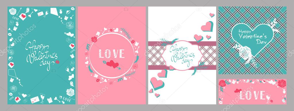  Valentine's Day cards. Love icons on pink and blue background. Banner for Valentine's Day. Vector illustration