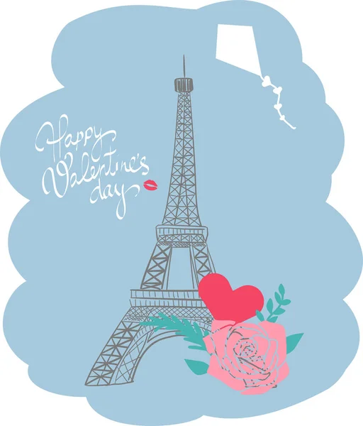 Tour Eiffel Avec Des Fleurs Lettrage Main Bonne Saint Valentin — Image vectorielle
