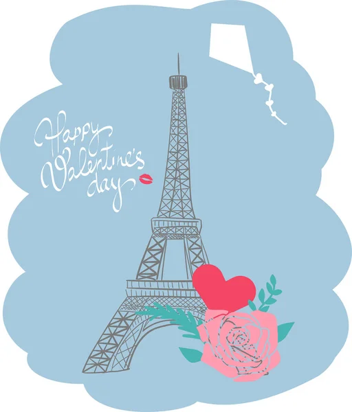 Torre Eiffel Con Flores Letras Mano Feliz Día San Valentín — Archivo Imágenes Vectoriales