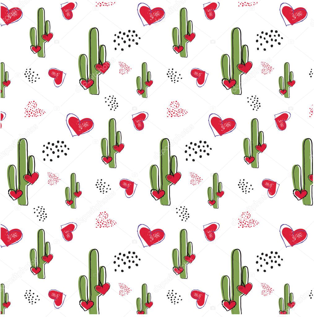 Seamless cactus pattern with hearts on a white background. vector illustration