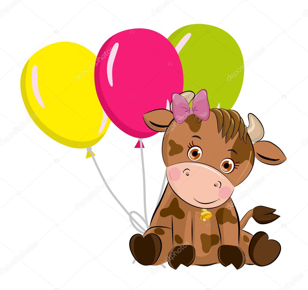 Cute cow-girl with a bow and balloons