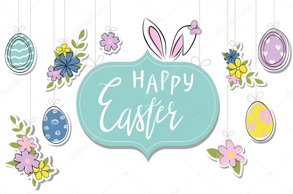  A hand-drawn sketch of a Happy Easter with bunny ears, painted eggs and flowers. Template for a postcard, invitation, banner. Vector illustration