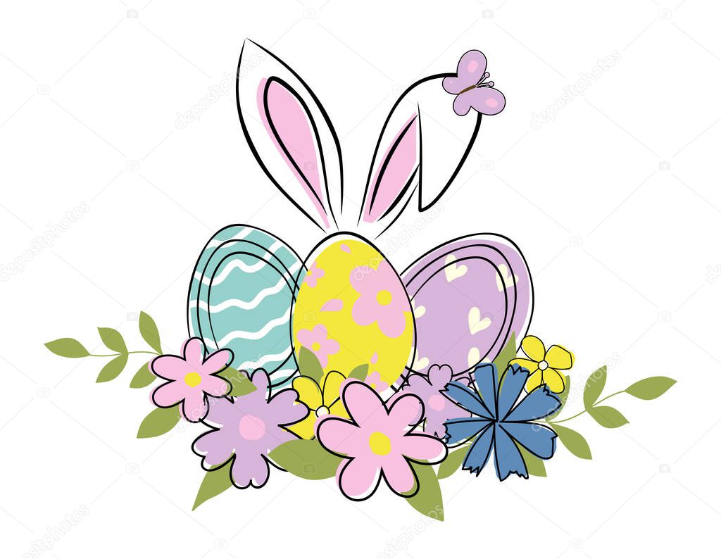  Painted eggs in spring flowers, bunny ears at the back. Easter card, banner, template. Vector illustration