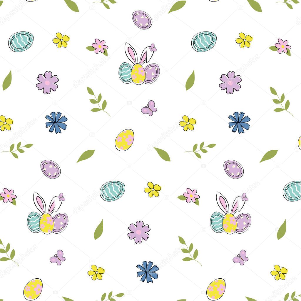 Seamless vector pattern with flowers, Easter eggs, bunny ears.