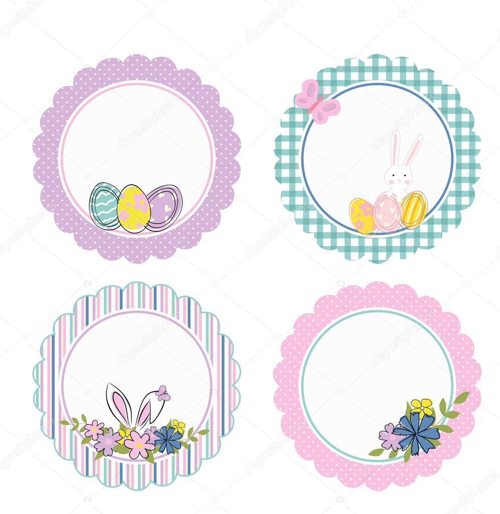 Round templates for Easter cards, banners with spring flowers, hares and painted eggs. Vector illustration