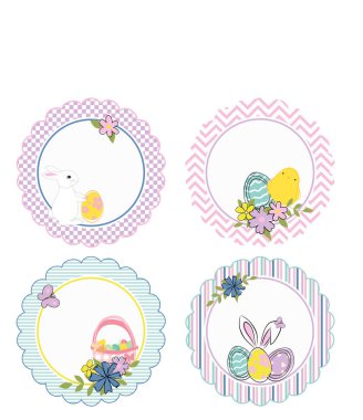 Paskalya kartları, afişler, bahar çiçekli davetiyeler, Paskalya yumurtaları, paskalya tavşanları için hazır şablonlar. Vektör illüstrasyonu