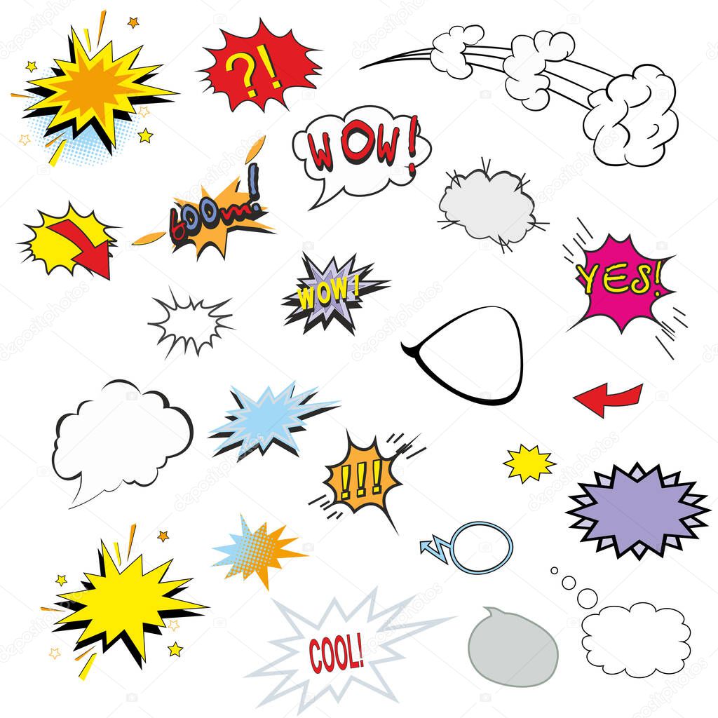  Comic Colorful Burst Of Speech Bubbles Set. Vector illustration