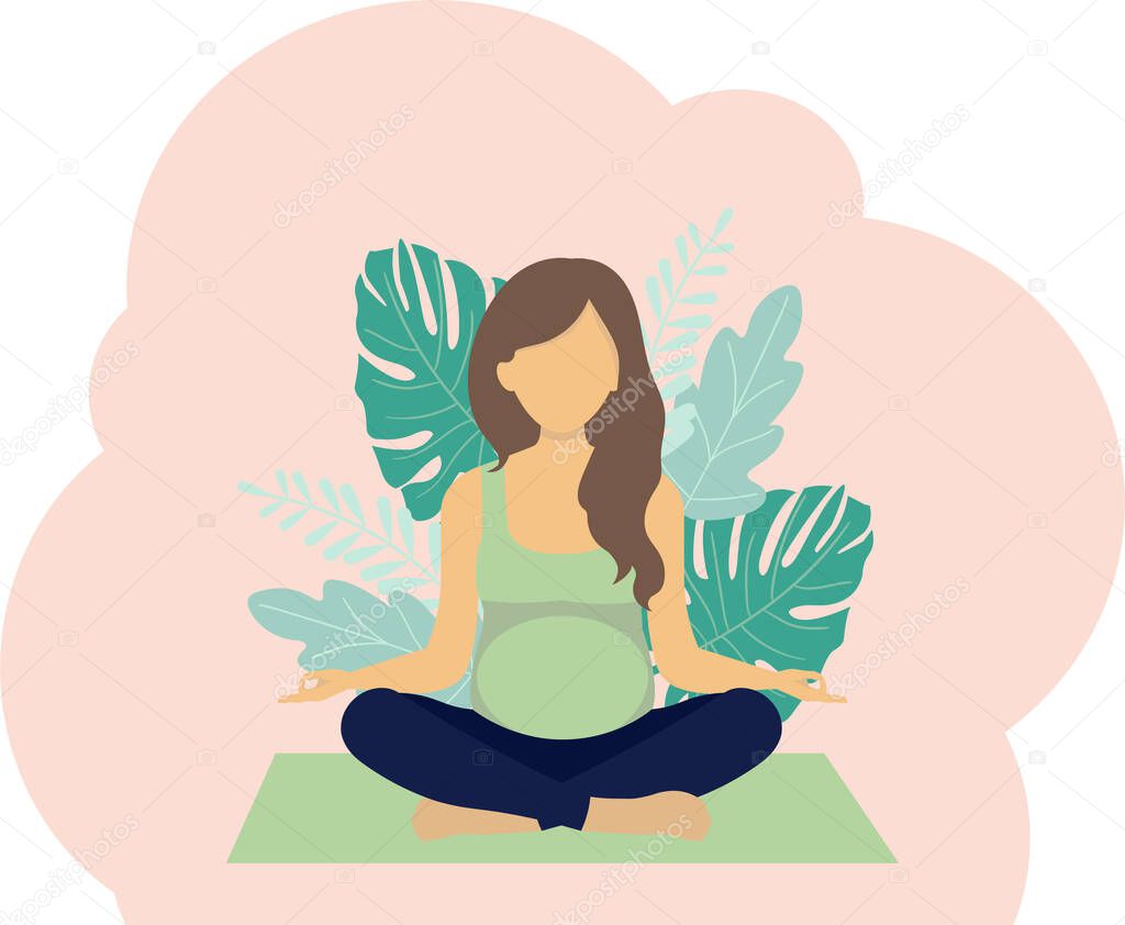 A pregnant girl sits in a lotus position on a red carimat on a white isolated background. Vector illustration