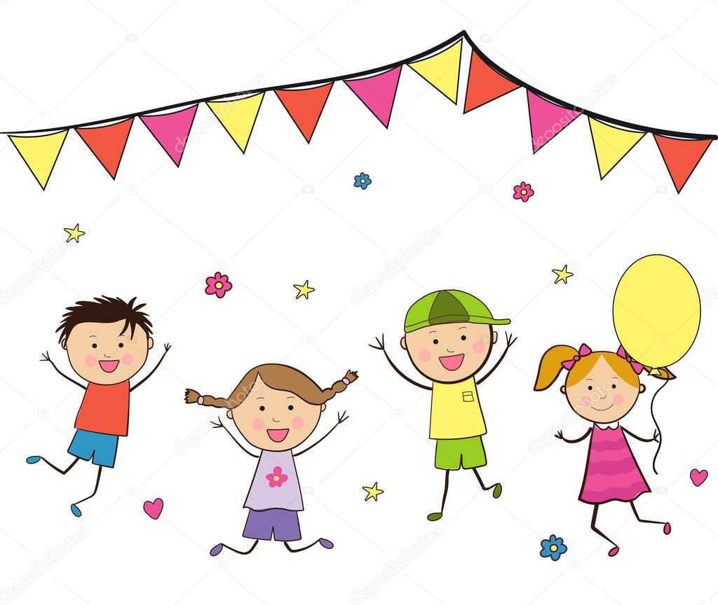 Bright, funny kids. Imitation of a child's drawing. The concept for the Children's Day. Vector illustration.