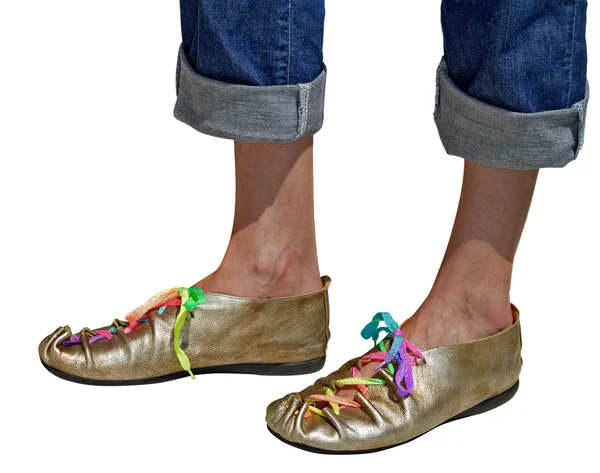 Senhoras divertidas sapatos de ouro — Fotografia de Stock