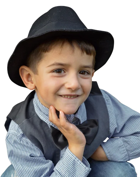 Niño con sombrero y pajarita sobre fondo blanco —  Fotos de Stock