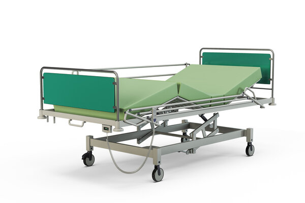 Зеленая больничная койка с креслом и боковой охраной
